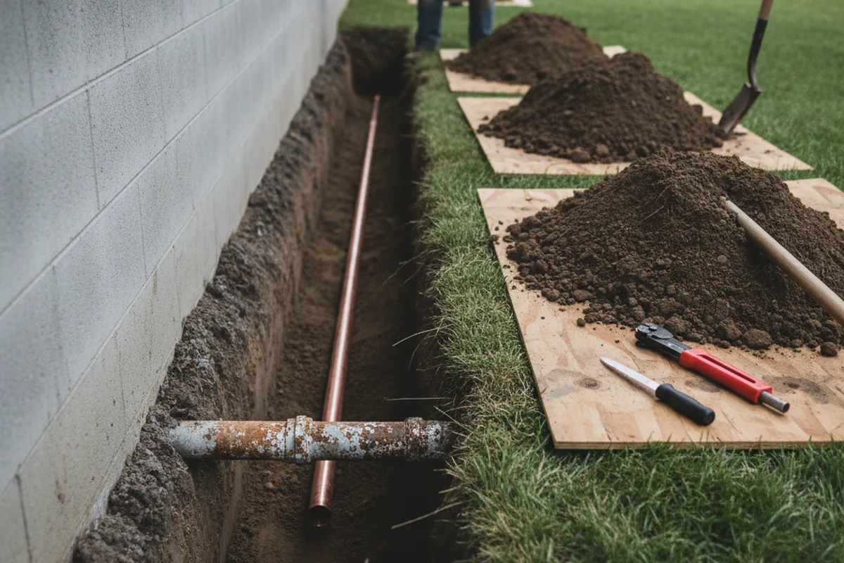 Excavated water line trench during Water Softener Installation in Delphi Falls